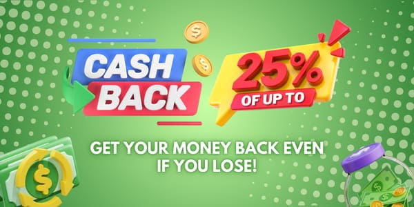 Promo banner artwork showing slot reels, fishing arcade and live dealer scenes